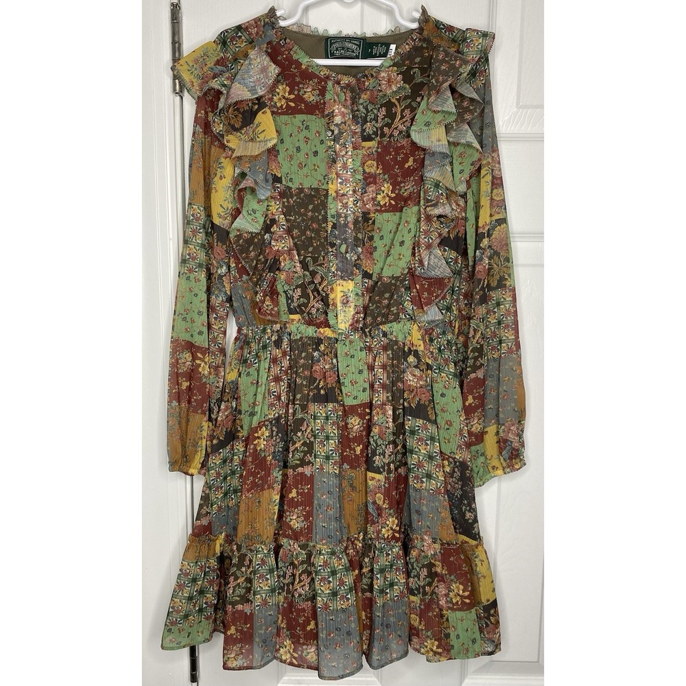 Ralph Lauren Girls Polo Country Patchwork Floral Ruffled Chiffon Dress Size 7